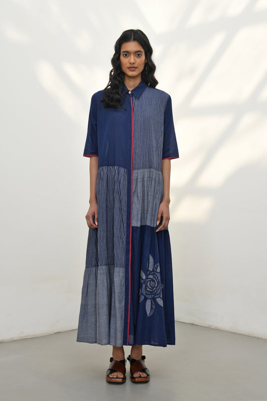 AGLIA FRONT OPEN TIERED PATCHWORK DRESS