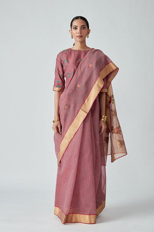 Rose gingham check saree