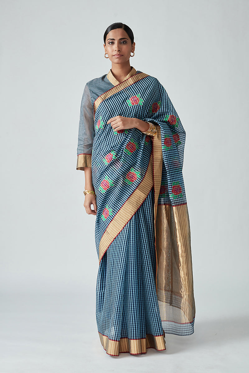 Rose gingham check saree