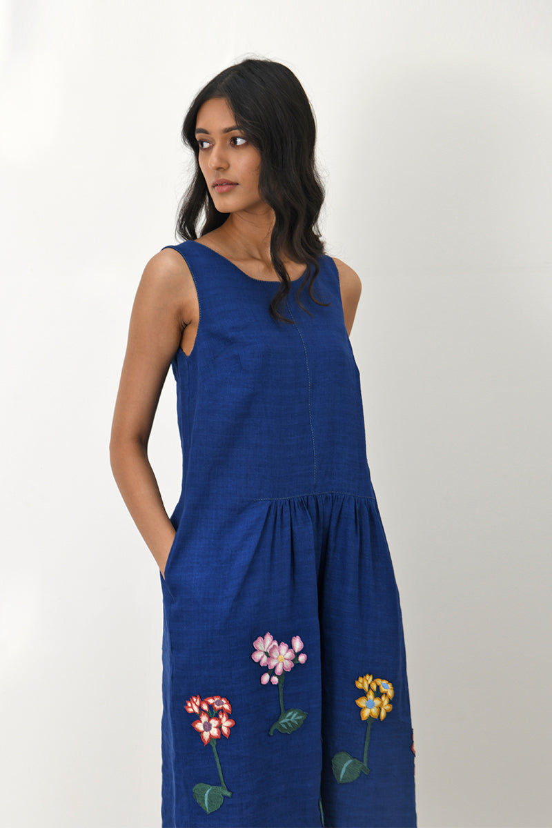 Gathered Dress With Applique Flowers