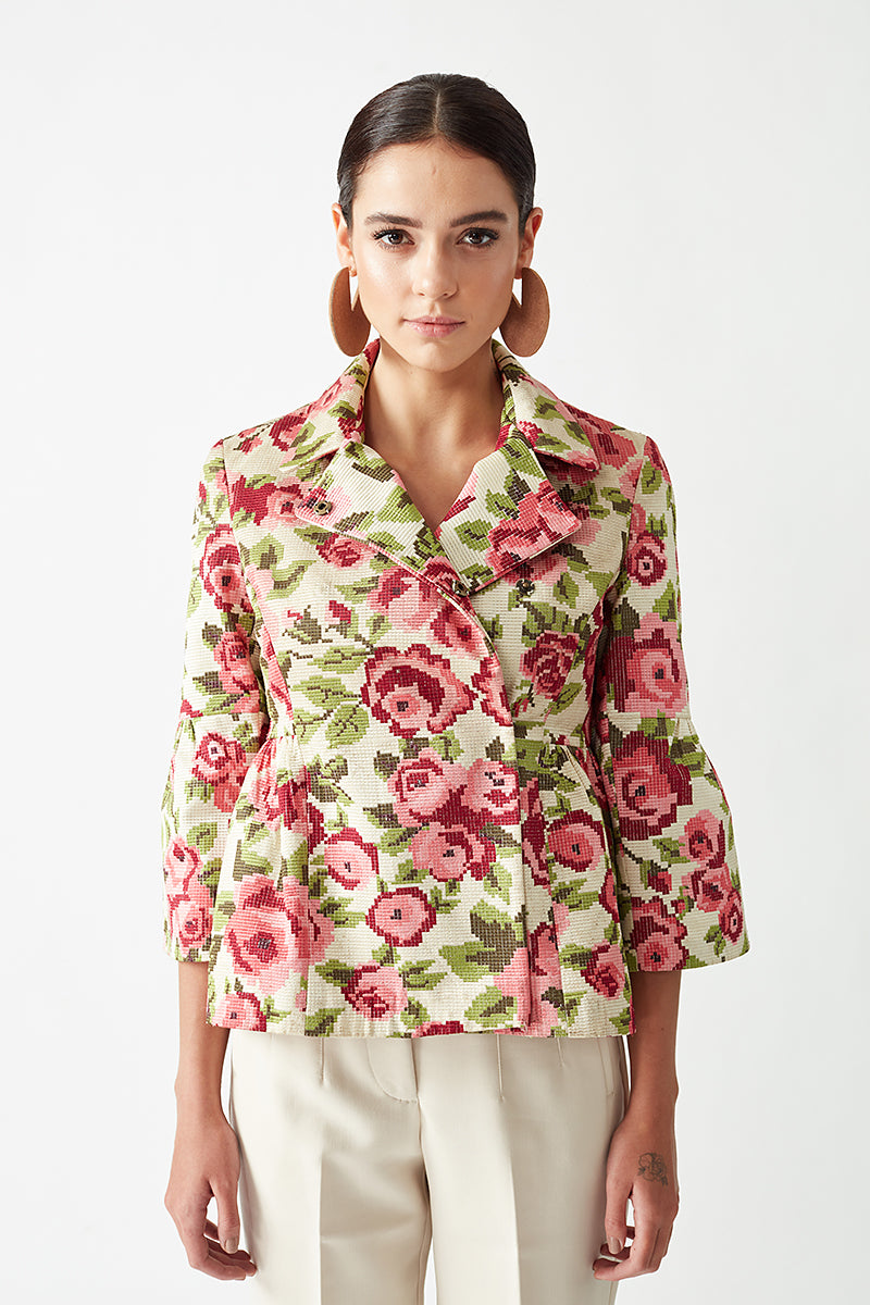 Rose Embroidered Jacket with Peplum Sleeves